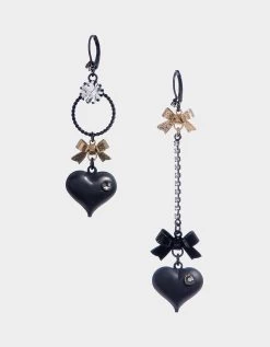 BETSEYS MISMATCH BUBBLE HEART BOW EARRINGS BLACK