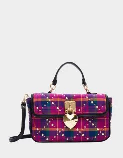 PRETTY & PUNK PLAID STUDDED FLAP SATCHEL PINK