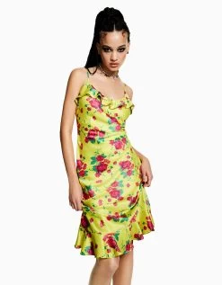 BETSEYS PAINTED ROSE MIDI DRESS LIME -Betsey Johnson BETSEY 2023 Q1 CAMPAIGN 01 JN108510 0066